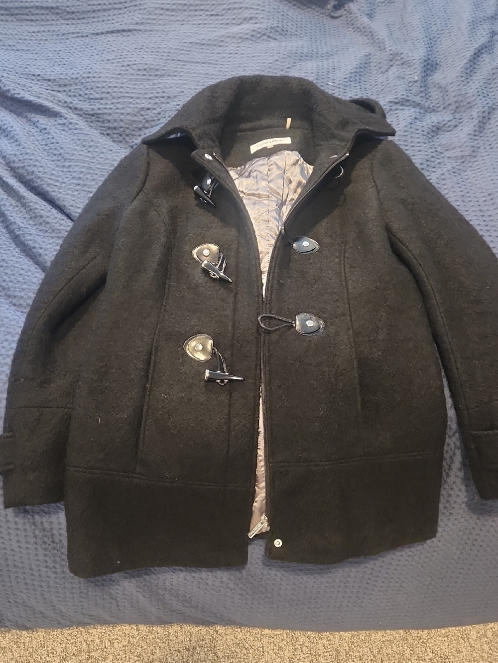 Calvin Klein Black Hooded Toggle Wool Blend Pea Coat Size Small